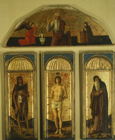 Triptych of St Sebastian av Giovanni Bellini (1431-36 - 1516) og andre malere, tempera på panel, sentralpanel 127x48, sidepaneler 103x45, lunette 59x170 av Giovanni Bellini