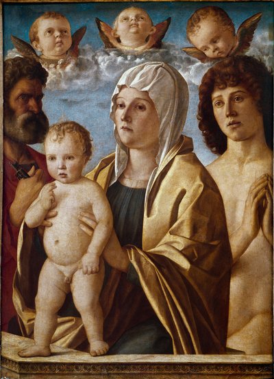 Jomfru med barn med St Peter og St Sebastian (tempera på panel av Giovanni Bellini