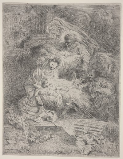 Fødselen med Gud Faderen, Den hellige ånds due og engler, ca. 1645 (radering) av Giovanni Benedetto Castiglione