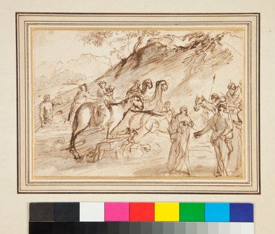 Et møte mellom to menn, hester og kameler i bakgrunnen (penn og brunt blekk og grå vask) av Giovanni Benedetto Castiglione
