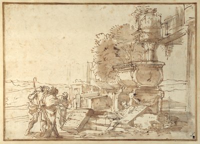 'Et in Arcadia Ego...' (penn og brunt blekk med brun vask over svart kritt på papir) av Giovanni Benedetto Castiglione