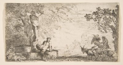 En satyr lenende ved foten av en statue av Priapus, geiter til høyre, ca. 1645-48. av Giovanni Benedetto Castiglione