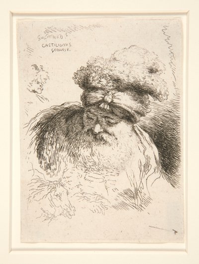 En gammel mann med stort skjegg, sett forfra, hodet og øynene senket, fra serien Les petites tetes d av Giovanni Benedetto Castiglione