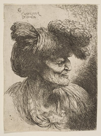 Byste av skjeggløs gammel mann i profil mot høyre, fra serien Small Head..., ca. 1645-1650. av Giovanni Benedetto Castiglione