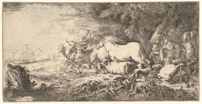 Når dyrene går inn i Noahs ark, følger tre menn firbeinte og fugler i strid..., ca. 1650-55. av Giovanni Benedetto Castiglione