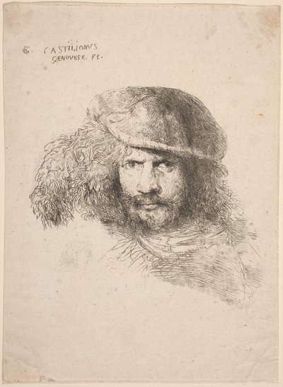 Leder for en ung mann i en fjærkledd hatt (såkalt selvportrett) av Giovanni Benedetto Castiglione
