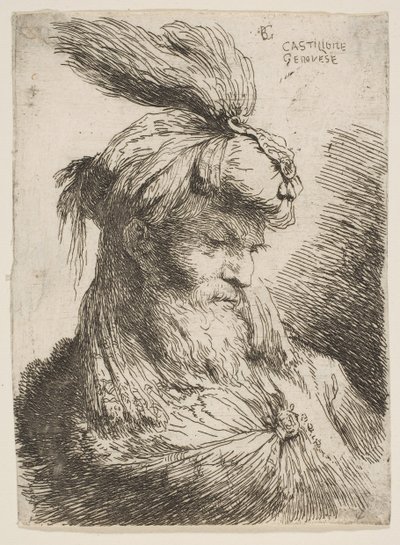 Hodet til en skjeggete mann med turban mot høyre, fra serien med små hoder..., ca. 1645-1650. av Giovanni Benedetto Castiglione