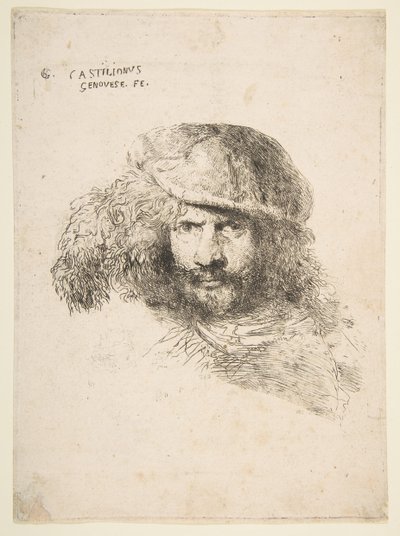 Hodet til en mann med en fjærkledd cap, muligens Bernini, muligens et selvportrett..., ca. 1645-1650. av Giovanni Benedetto Castiglione
