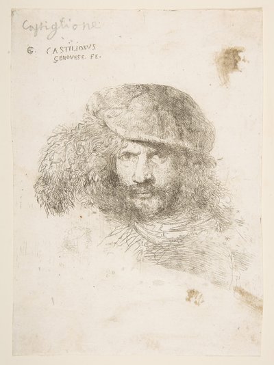 Hodet til en mann iført en fjærkledd cap, muligens Bernini, muligens et selvportrett..., ca. 1645-1650. av Giovanni Benedetto Castiglione