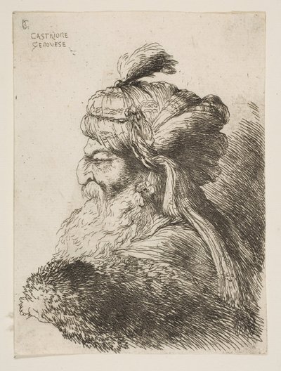 Hodet til en gammel mann med turban vendt mot venstre, fra serien med små hoder i ..., ca. 1645-1650. av Giovanni Benedetto Castiglione