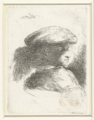 Hodet til en ung mann med en hatt med en fjær Liten studie av hoder med orientalsk hodeplagg (serietittel) av Giovanni Benedetto Castiglione