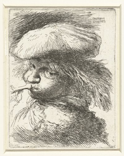 Hodet til en gutt som blåser i trompet Liten studie av hoder med orientalsk hodeplagg (serietittel) av Giovanni Benedetto Castiglione
