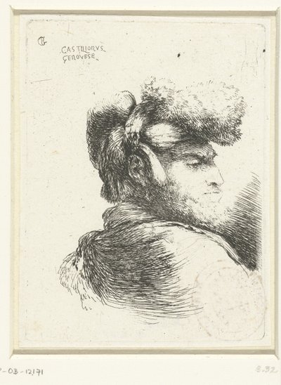 Hodet til en mann med en hatt trimmet med pels Liten studie av hoder med orientalsk hodeplagg (serietittel) av Giovanni Benedetto Castiglione