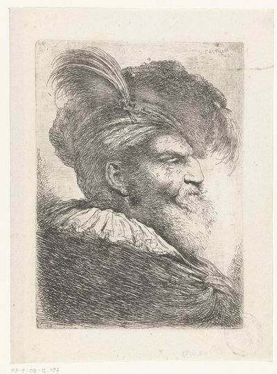 Hodet til en mann med turban og pelslue Stor studie av hoder med orientalsk hodeplagg (serietittel) av Giovanni Benedetto Castiglione