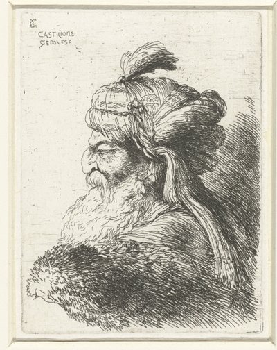 Hodet til en gammel mann med turban Liten studie av hoder med orientalsk hodeplagg (serietittel) av Giovanni Benedetto Castiglione