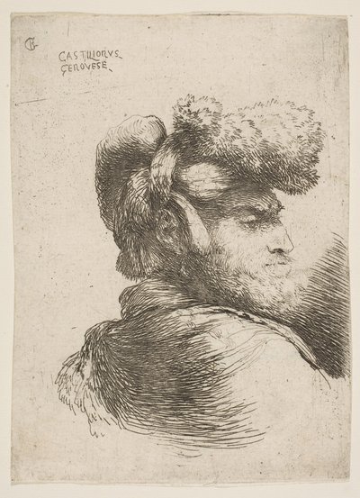 Mann i profil vendt mot høyre, iført pelslue, fra serie Small Heads i Or..., ca. 1645-1650. av Giovanni Benedetto Castiglione