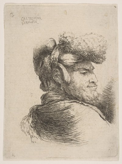 Mann i profil vendt mot høyre, iført pelslue, fra serien Small Heads in Orie..., ca. 1645-50. av Giovanni Benedetto Castiglione
