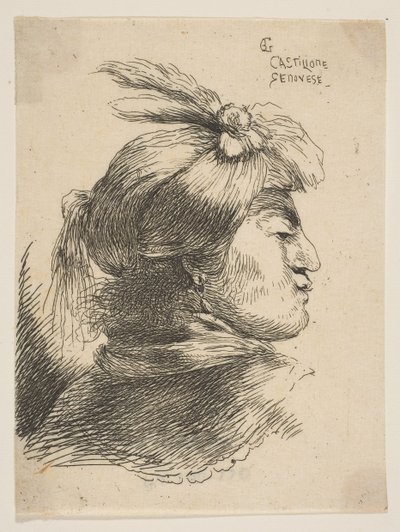 Mann iført en liten turban Oonamented med skyer og bånd, vendt mot høyre, fra ..., ca. 1645-1650. av Giovanni Benedetto Castiglione