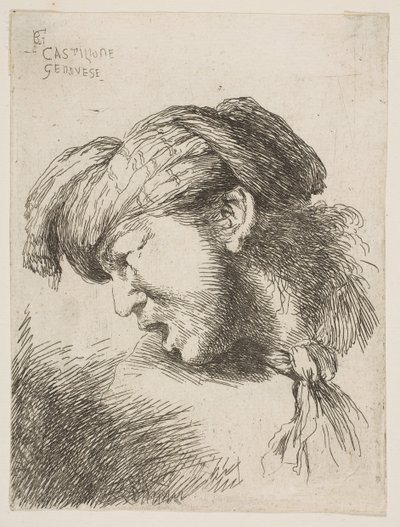 Mann iført turban, et slips festet rundt halsen, vendt mot venstre, fra serien av..., 1645-1650. av Giovanni Benedetto Castiglione