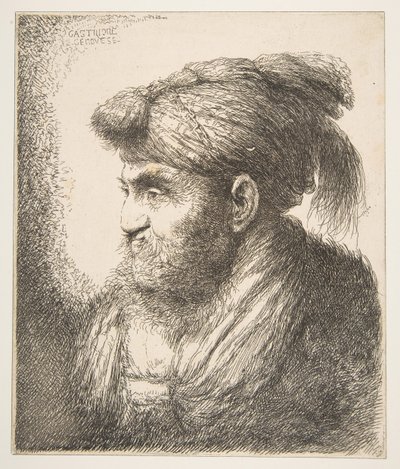 Mann med turban vendt mot venstre, fra serien Large Oriental Heads, ca. 1645-50. av Giovanni Benedetto Castiglione