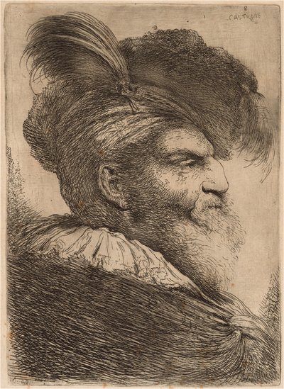 Mann med langt skjegg og hodeplagg, mot høyre av Giovanni Benedetto Castiglione