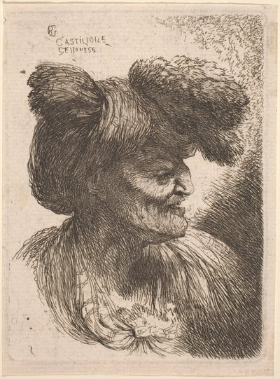 Gammel mann iført en turban dekorert med pels, vendt mot høyre av Giovanni Benedetto Castiglione
