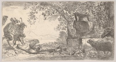 Pan liggende til venstre med to stående satyrer, en stor vase på en sokkel til høyre, ca. 1645. av Giovanni Benedetto Castiglione