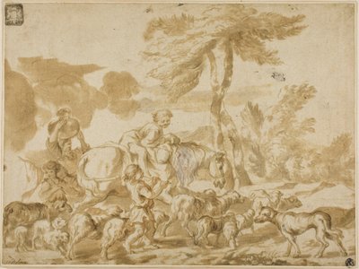 Bondefamilie med sau og hund av Giovanni Benedetto Castiglione