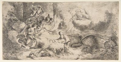 Jomfruen og barnet, Gud far øverst til høyre, engler til venstre, ca. 1647-50. av Giovanni Benedetto Castiglione