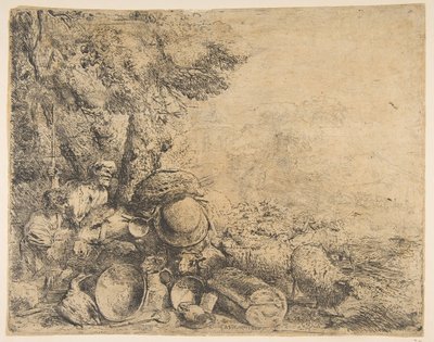 To gjetere, et esel og andre dyr i et landskap, ca. 1638-1640. av Giovanni Benedetto Castiglione