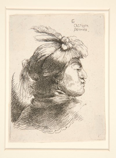 Ung mann uten skjegg, sett i profil, vendt mot høyre, fra serien Les petites tetes d av Giovanni Benedetto Castiglione