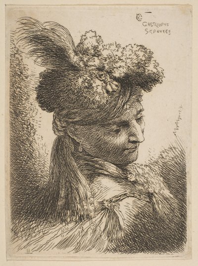 Ung mann vendt mot tre kvarter til høyre iført en pelshodeplagg med en sky, juvel og..., ca. 1645-50. av Giovanni Benedetto Castiglione