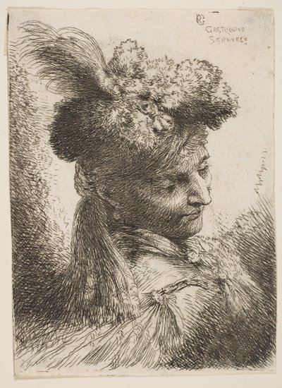 Ung mann vendt mot tre kvarter til høyre iført en pelshodeplagg med en sky, juvel ..., ca. 1645-1650. av Giovanni Benedetto Castiglione