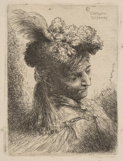Ung mann vendt mot tre kvarter til høyre iført en pelshodeplagg med en sky, juvel og..., ca. 1645-50. av Giovanni Benedetto Castiglione