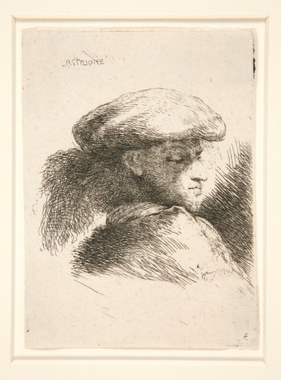 Ung mann sett nesten i full profil og vendt mot høyre. fra serien Les petites tetes d av Giovanni Benedetto Castiglione