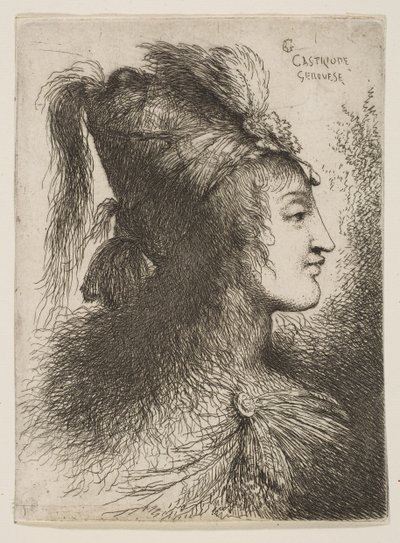 Ung mann iført en plymert turban, vendt mot høyre, fra serien med små hoder ..., ca. 1645-1650. av Giovanni Benedetto Castiglione