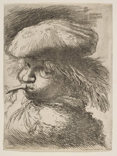 Ung mann med en trompet vendt mot venstre, fra serien Small Heads in Oriental..., ca. 1645-1650. av Giovanni Benedetto Castiglione