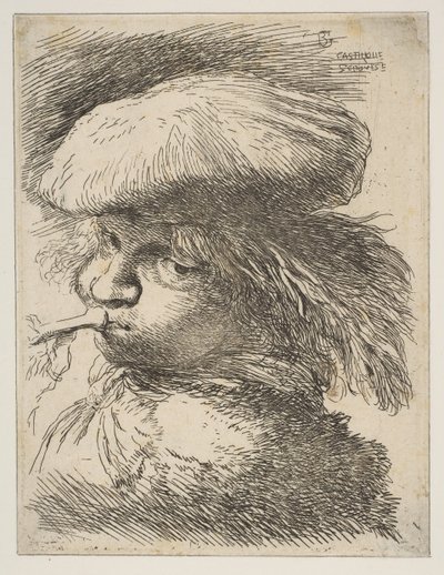 Ung mann med en trompet vendt mot venstre, fra serien Small Heads in Oriental..., ca. 1645-1650. av Giovanni Benedetto Castiglione