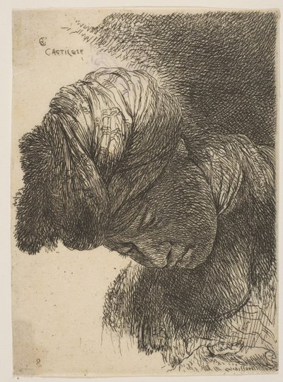 Ung mann med senket hode, iført turban, vendt mot venstre, fra serien o..., ca. 1645-1650. av Giovanni Benedetto Castiglione