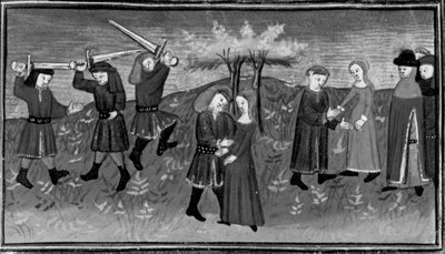 Decameron, Gianole og Minghino forsøker å kidnappe Agnes; Agnes gifter seg med Minghino. Femte dag, novelle 5 av Giovanni Boccaccio