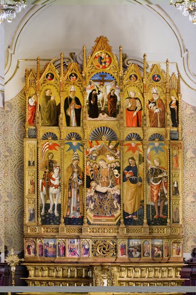 Polyptykon med Madonna og barn tronende mellom Sankt Eustachius, Sankt Peter, Sankt Jakob den større, Sankt Venantius, Beato Guardato, Sankt Nikolaus av Bari, Kristi korsfestelse, Sankt Sebastian og Sankt Eleutherius, historier fra Sankt Eu sitt liv av Giovanni Boccati or Boccatto