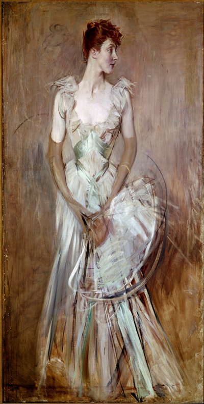 Vakker periode: "" Portrett av grevinnen av Leusse nee Berthier""" Kvinne i elegant hvit aftenkjole. Maleri av Giovanni Boldini (1842-1931) Søn. 200x105 cm Pistoia, Boldini Collection av Giovanni Boldini