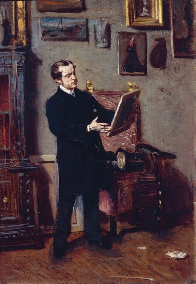 Italia, Firenze, ung mann ser på maleri av Giovanni Boldini