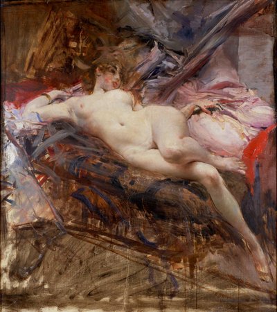 Utstrakt kvinnelig nakenbilde (maleri på lerret) av Giovanni Boldini