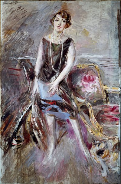 Portrett av Madame Corbitt Hun er tusenfryd på moten fra gale år. Maleri av Giovanni Boldini (1842-1931) 1925 Søn. 185x122 cm Pistoia kolleksjon Boldini av Giovanni Boldini