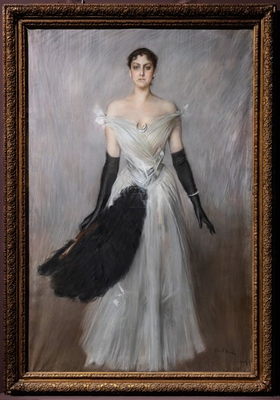 Portrett av en dame i hvitt med hansker og vifte av Giovanni Boldini