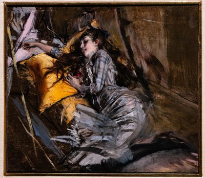 Liggende jente i Tartan-kjole av Giovanni Boldini