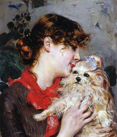 Skuespillerinnen Rejane og hunden hennes, ca. 1885 (olje på panel) av Giovanni Boldini