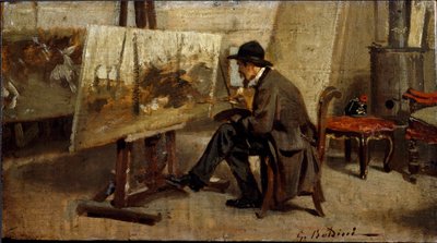 Maleren Giovanni Fattori i verkstedet hans Maleri tilskrevet Giovanni Boldini (1842-1931) 1863-1869 Søn. 13x24 cm Milan privatsamling av Giovanni Boldini