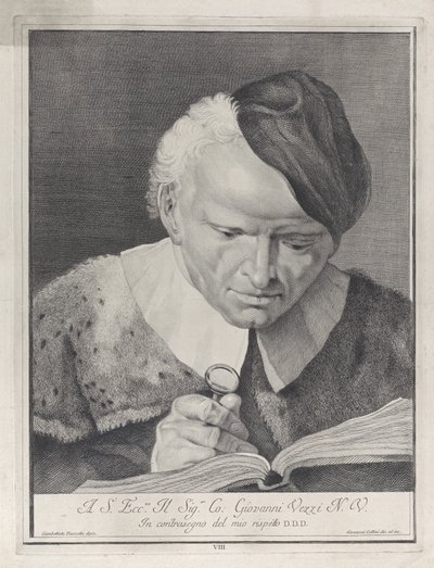Mann i hatt leser en bok med forstørrelsesglass, 1743. av Giovanni Cattini